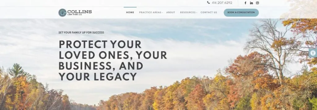 Collins Law Firm Homepage with Landscape and Text