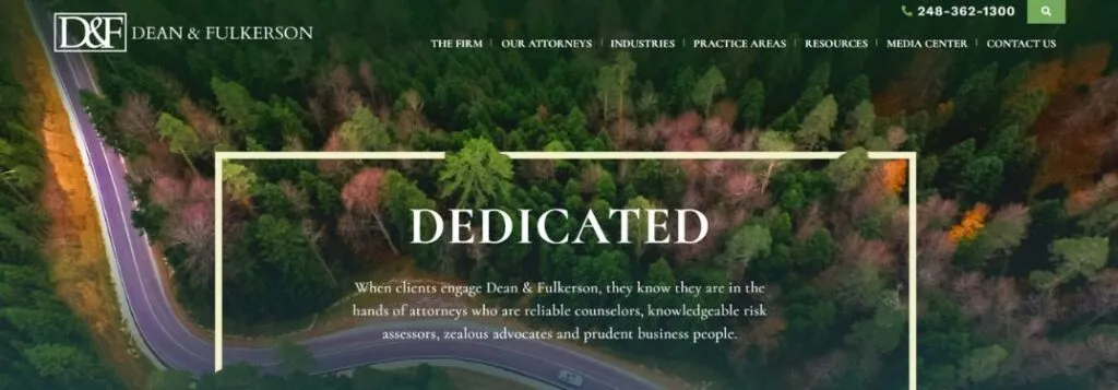 Dean and Fulkerson Law Homepage with Forest Road Landscape and Text