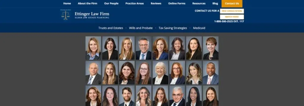Ettinger Law Firm Homepage with Gallery of Legal Team