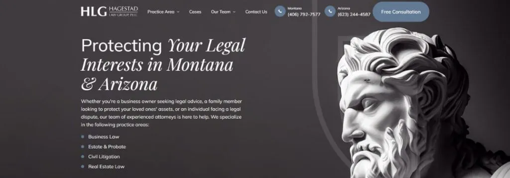 Hagestad Law Group Homepage with Statue Black and White Image and Text