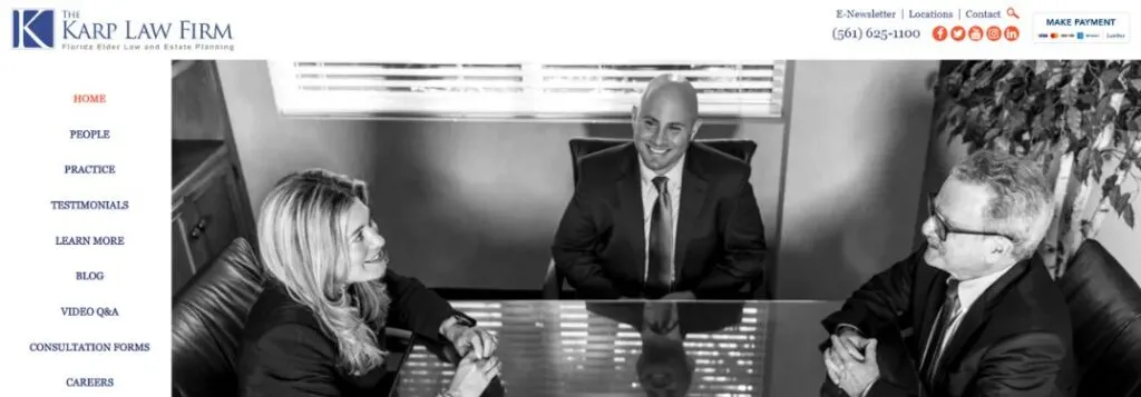 Karp Law Homepage with Legal Team at a Conference Table