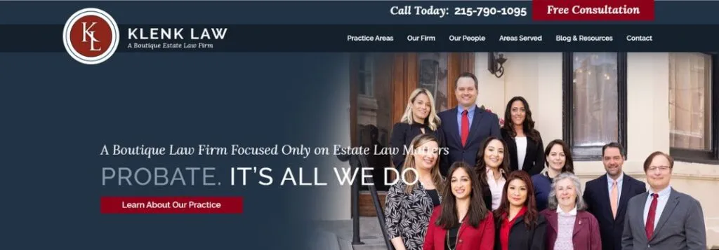 Klenk Law Homepage with Legal Team and Text