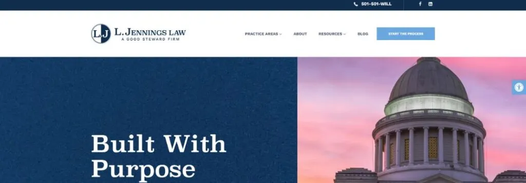L. Jennings Law Homepage with Blue Background and Text with Capitol Building at Sunset