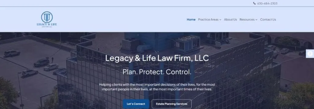 Legacy and Life Law Firm Homepage with Blue Filter and Photo of a Building