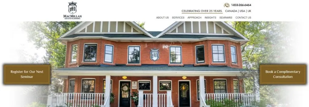 MacMillan Estate Planning Homepage with Old House and Text Links