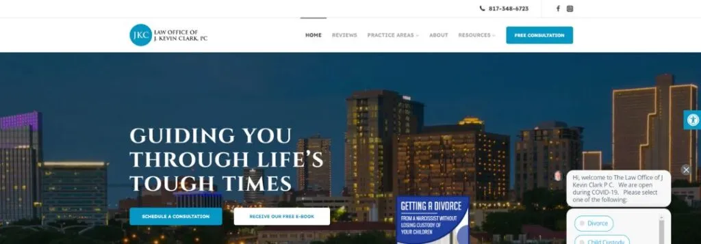 Homepage of Law Office of J. Kevin Clark Website Homepage with City Skyline and Text