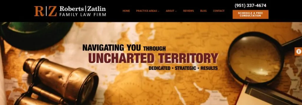Map and Binoculars with Text on Roberts Zatlin Family Law Firm Website Homepage