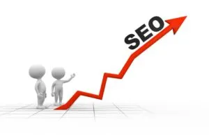 Graphic of Figures on a Graph with Red SEO Arrow Going Up on White Background