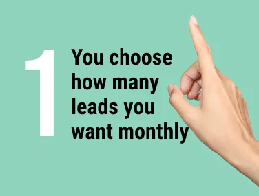 Hand pointing upward next to text "1 You choose how many leads you want monthly" on teal background.