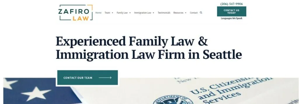 Zafiro Law Firm Website Homepage with Flag and Text
