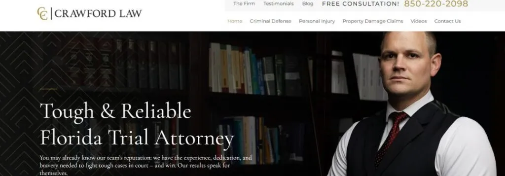 Attorney in Suit in an Office with Text on Website of Crawford Law