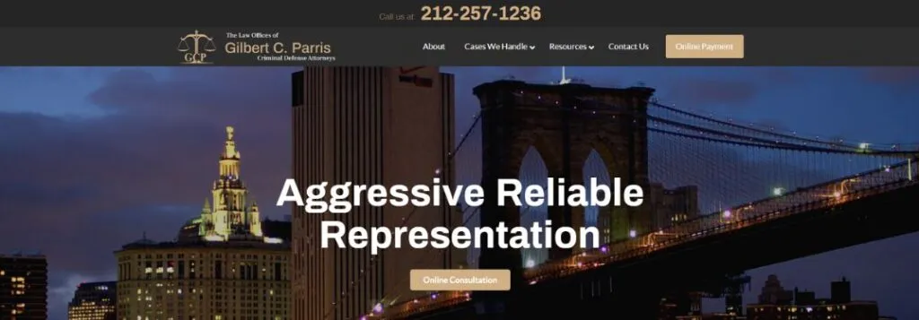 City Skyline at Night with Text on Website of The Law Offices of Gilbert C. Parris
