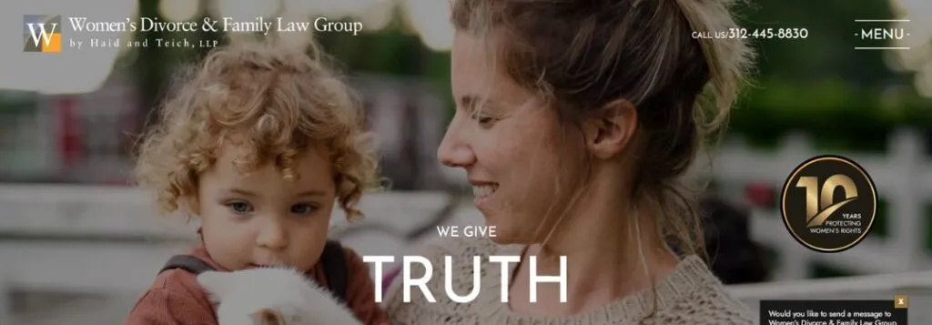 Woman and Childe with Text on Website Homepage of Women's Divorce and Family Law Group