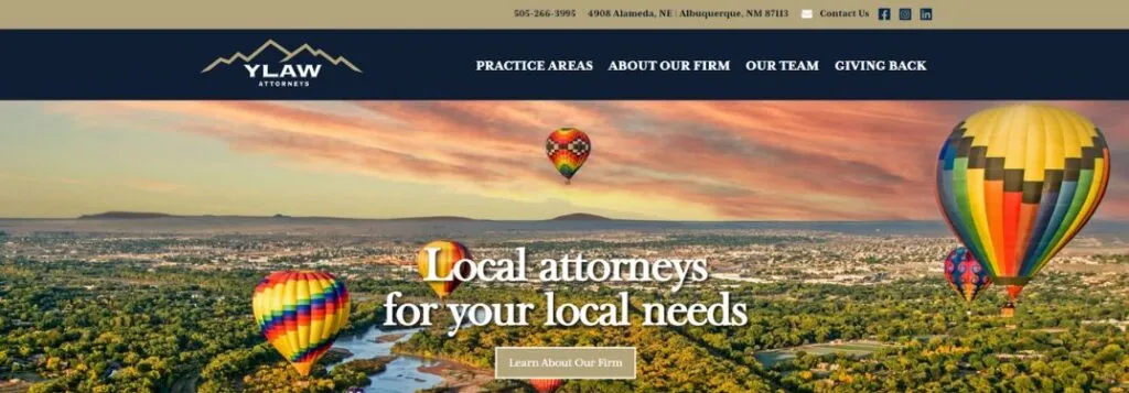 YLAW Attorneys Website Homepage with Hot Air Balloons and Landscape