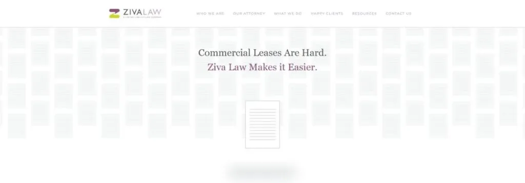 Ziva Law Website Homepage with Black and Purple Text