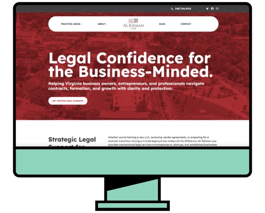 Computer monitor displaying the AC Rieman Law website with the headline Legal Confidence for the Business-Minded.