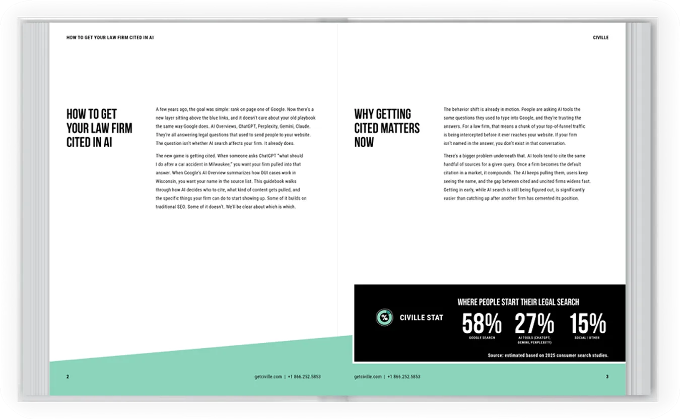 Two-page professional document titled "How to Get Your Law Firm Cited in AI" with black text on white background and a green footer.
