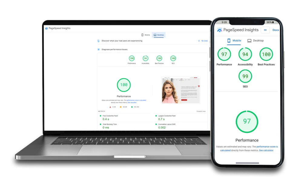 Laptop and smartphone displaying Google PageSpeed Insights performance scores and metrics.