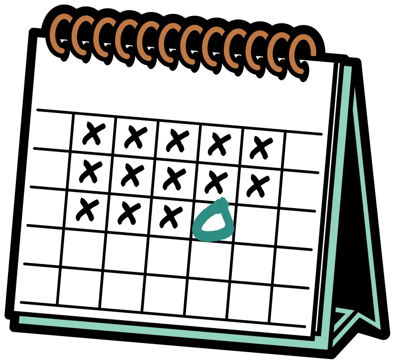 Desk calendar with multiple black X marks and one teal circle on a date.