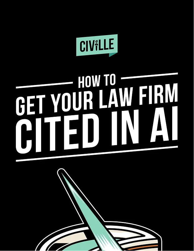 Black background with white and teal text reading "How to Get Your Law Firm Cited in AI" and a teal Civille logo above.