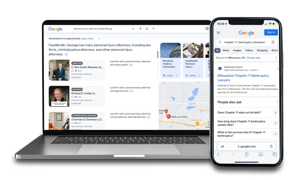 Laptop and smartphone displaying Google search results for legal services in Fayetteville and Milwaukee.