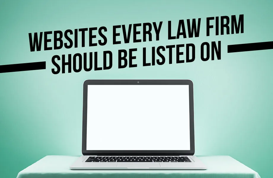 Laptop on Light Green Background and Black Websites Every Law Firm Should Be Listed On Text