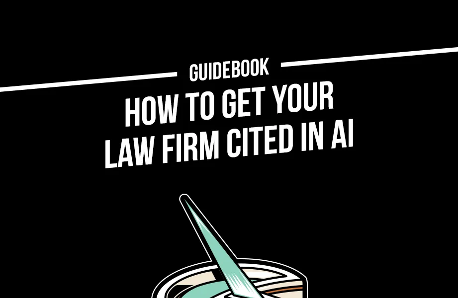Black background with white text reading "Guidebook How to Get Your Law Firm Cited in AI" above a stylized graphic.