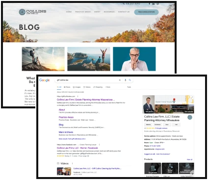 Collins Law Firm blog page screenshot alongside Google search results for the firm.