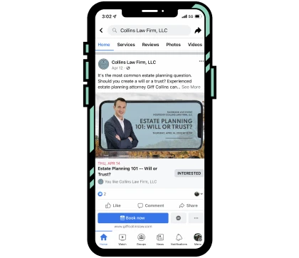 Collins Law Firm Google Business Profile listing shown on a mobile phone.