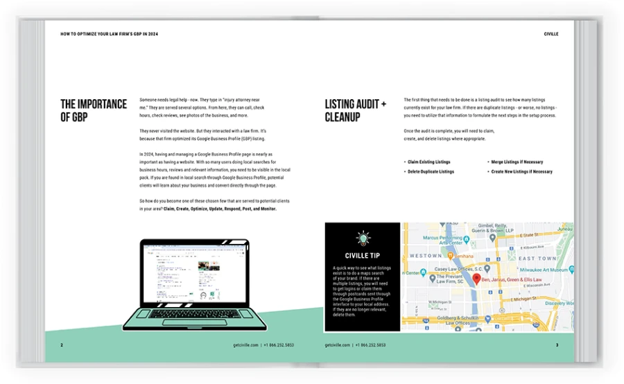 Two-page spread from the Google Business Profile guidebook showing a listing audit and Map Pack tips