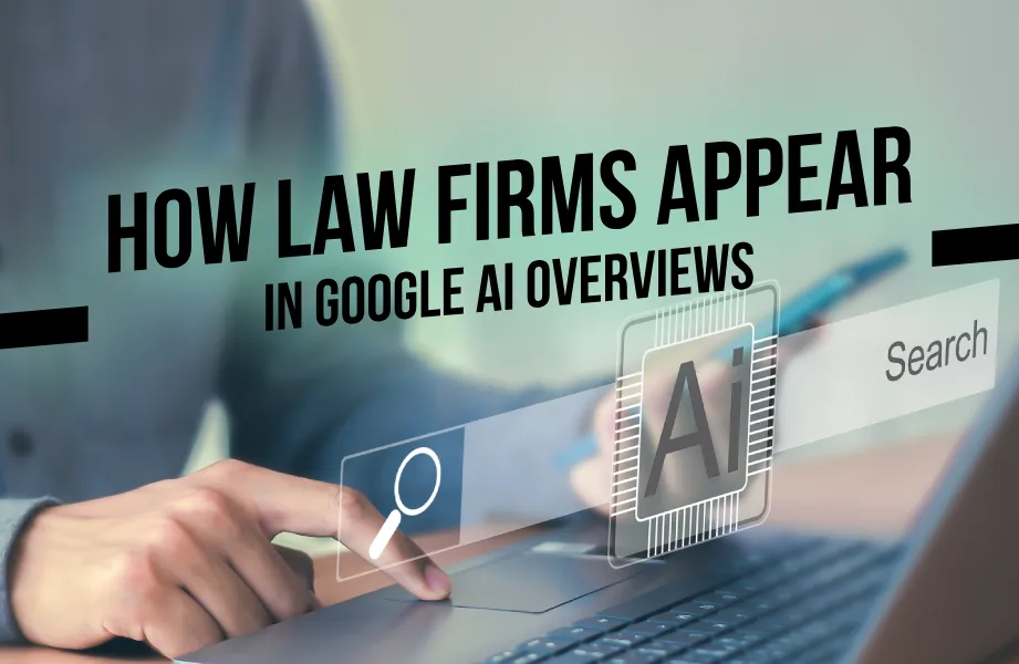 Man Typing on Computer with Search Bar Graphic and Black How Law Firms Appear in Google AI Overviews Text