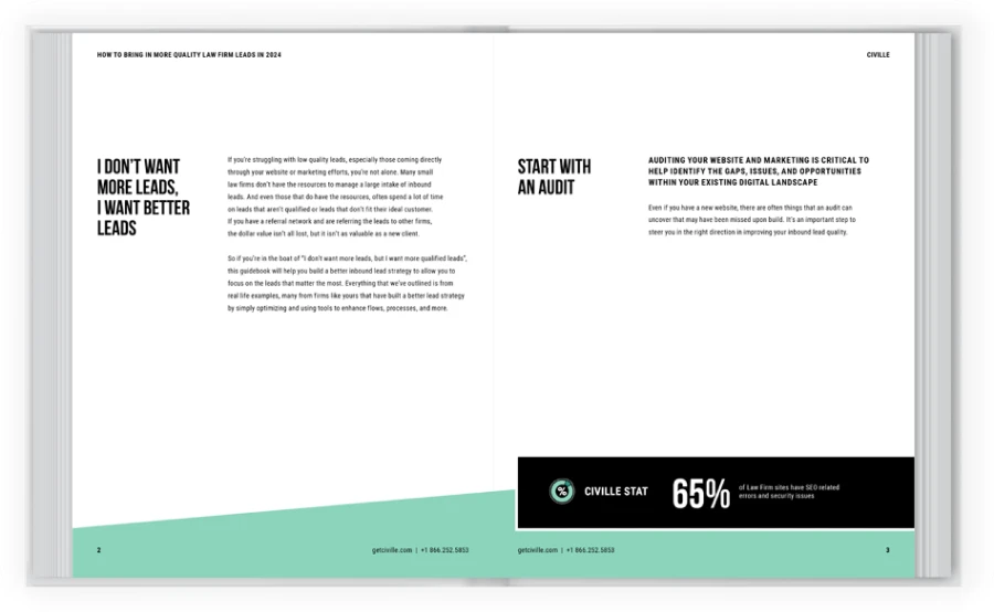 Two-page spread from the law firm lead quality guidebook
