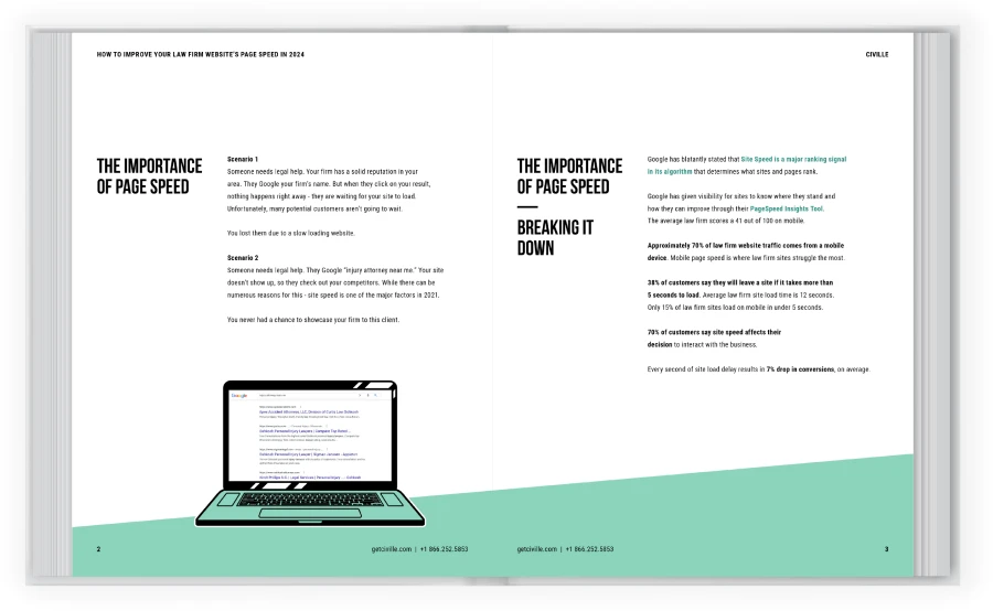 Two-page spread from the page speed guidebook explaining the importance of page speed