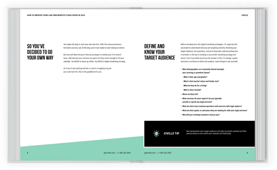 Two-page spread from the solo law firm digital marketing playbook