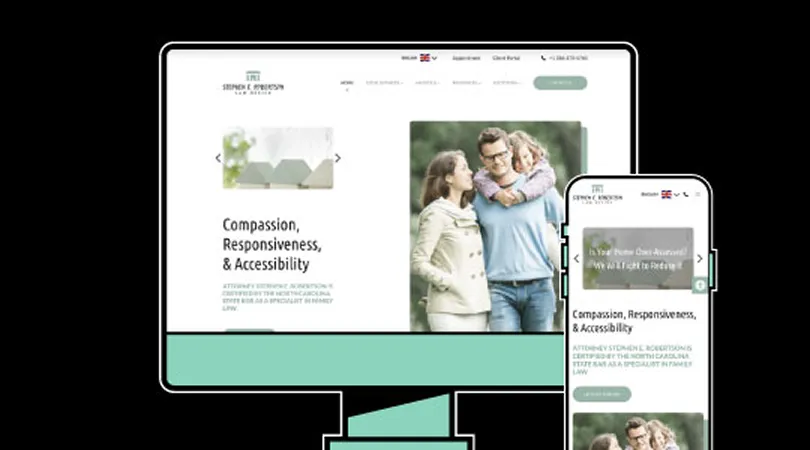 Computer and smartphone displaying a law firm's website with family image and text on compassion and accessibility.