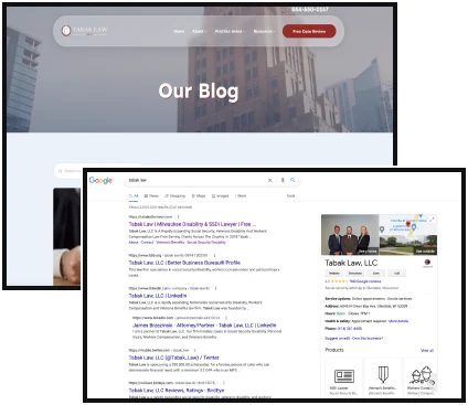 Tabak Law blog page screenshot alongside Google search results for the firm.