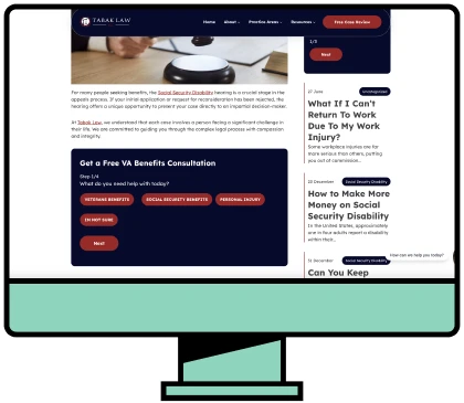 Tabak Law website showing a Get a Free VA Benefits Consultation lead qualification form.
