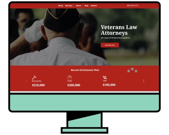 Computer monitor displaying the Veterans Law Attorneys website with a red and dark theme.