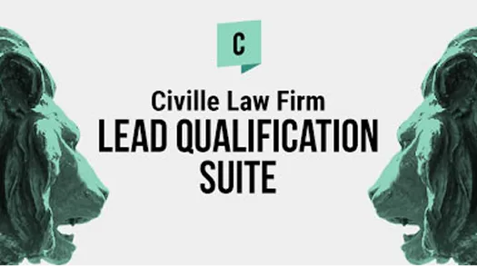 Logo of Civille Law Firm with text "Lead Qualification Suite" between two teal lion statues facing inward.