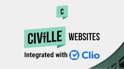 Logo and text reading "CIVILLE WEBSITES Integrated with Clio" on a white background.