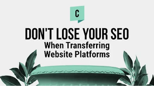 Text "Don't lose your SEO when transferring website platforms" with green decorative plants and a pedestal on a light background.