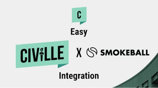 Logo and text displaying "Easy CIVILLE x SMOKEBALL Integration" with a minimalist design and muted green accents.