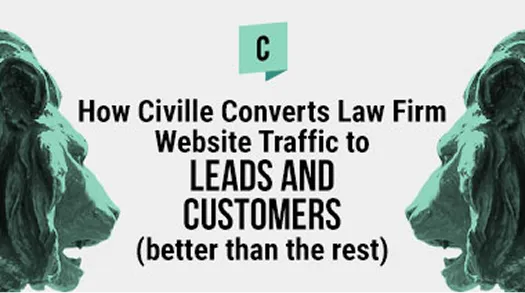 Text with two green lion statues facing each other; message about converting law firm website traffic to leads and customers.