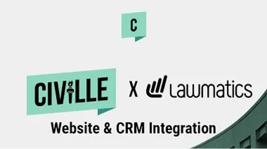 Logo and text showcasing Civille and Lawmatics collaboration for website and CRM integration.