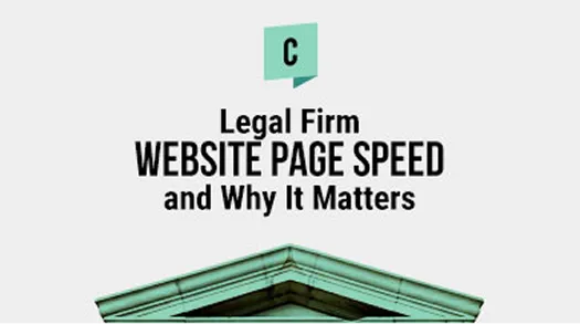 Text reading "Legal Firm Website Page Speed and Why It Matters" above a green architectural building element.