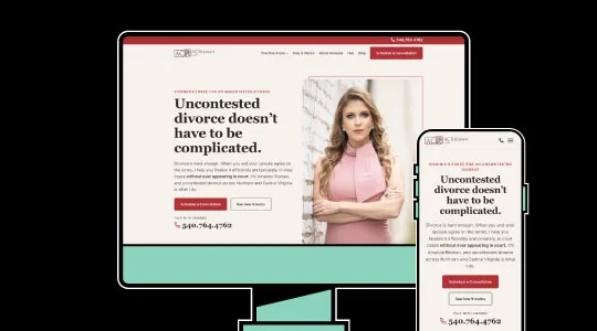 Website homepage displayed on desktop and mobile screens, featuring a professional woman in a pink blouse and text about uncontested divorce services.
