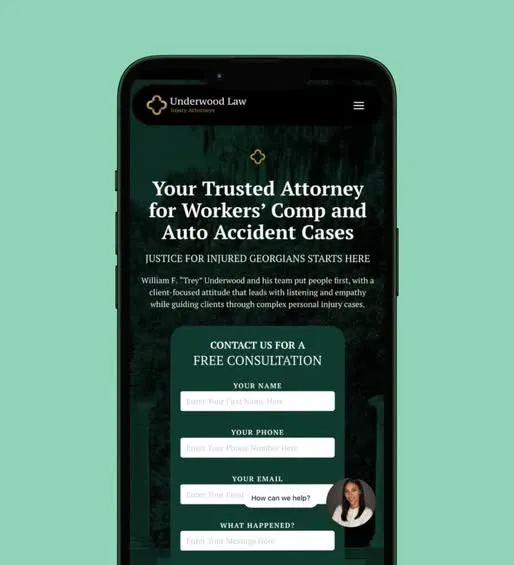 Smartphone screen displaying Underwood Law website with a green consultation form.