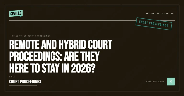 Formal document cover titled "Remote and Hybrid Court Proceedings: Are They Here to Stay in 2026?" with a dark background.