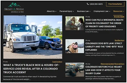 Screenshot of a legal website homepage featuring articles on wrongful death, dog bites, and motorcycle helmet laws, with a photo of a truck crash and contact information.
