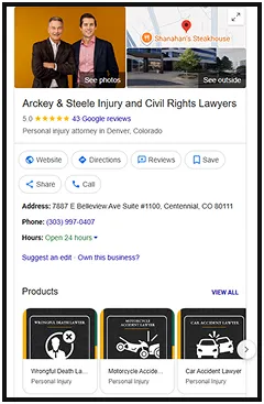 Screenshot of Arckey & Steele Injury and Civil Rights Lawyers Google business profile, showing contact details, reviews, and product services.